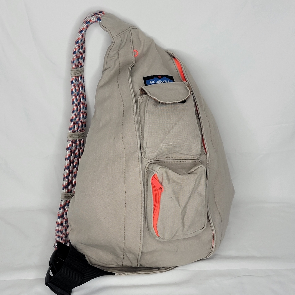 KAVU Unisex Rope Sling Bag in Light Khaki with Orange Trim‎